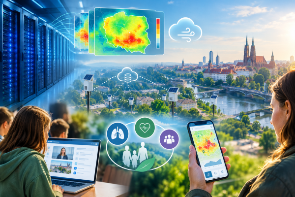 City, airforecast, people checking the forecast on various devices