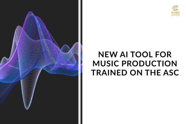 A promotional graphic split into two halves. On the left, colourful, flowing 3D soundwave lines in shades of purple and blue appear on a black background. On the right, a white background features the logo of EuroCC Austria at the top and bold black text that reads: “New AI tool for music production trained on the ASC".