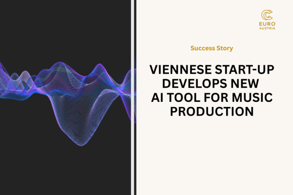 on left side of the image: blue musical waves on black background, on the right the title of the article: "Viennese start-up develops new AI tool for music production"
