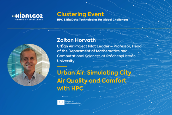 Image Details Event Header: HiDALGO2 Centre of Excellence presentation graphic for a "Clustering Event: HPC & Big Data Technologies for Global Challenges." Presenter: Zoltan Horvath (Urban Air Project Pilot Leader — Professor, Head of the Department of Mathematics and Computational Sciences at Széchenyi István University). Topic Title: Urban Air: Simulating City Air Quality and Comfort with HPC. Affiliations & Funding: Displays the European Union funding badge along with HiDALGO2 branding against a blue