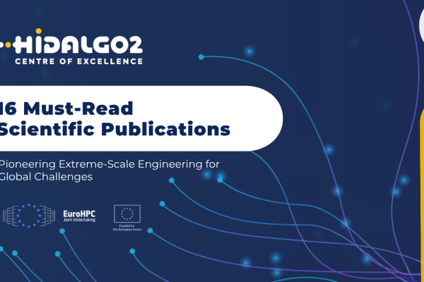 A promotional digital banner for the HIDALGO2 Centre of Excellence. The background is a deep blue color, adorned with abstract, glowing blue and purple curved lines that resemble data pathways, network connections, or fiber optics, ending in bright light dots. Key Elements Top Left: The "HIDALGO2 CENTRE OF EXCELLENCE" logo. The word "HIDALGO2" is written in a stylized, bold white font with a yellow dot over the letter "i". Center Left: A prominent white, rounded banner containing the main title in bold,