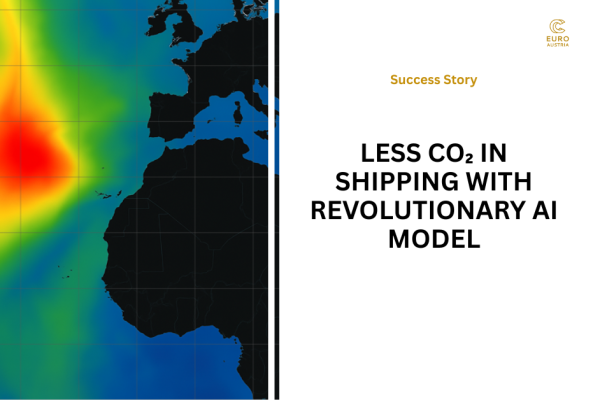 picture is divided in left and right side. on the left side a map that shows western parts auf Europe and Afrika and on the left of them, in the sea, a red coloured area, marking high waves. On the right side of the image the title of the success story: "Less CO₂ in shipping with revolutionary AI model.