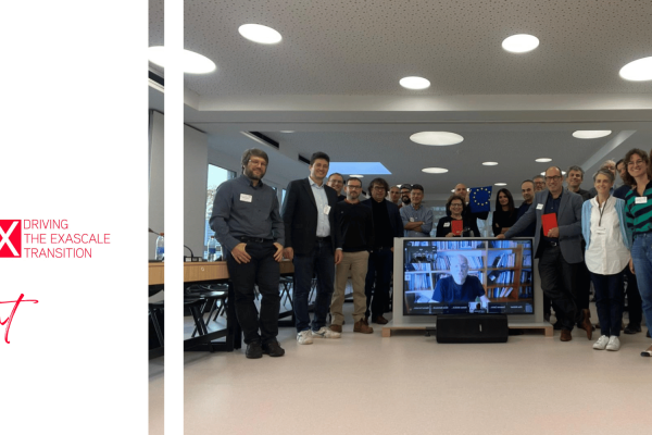 MaX key consortium partners and work-package leaders stand together in the European Commission's review room in Luxembourg.