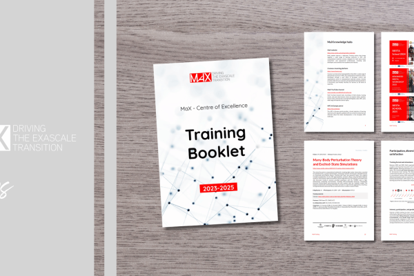 A training booklet for the MaX Centre of Excellence, with pages detailing the program for 2023-2025, and information about Max knowledge hubs, Siesta School events, and many-body perturbation theory simulations.