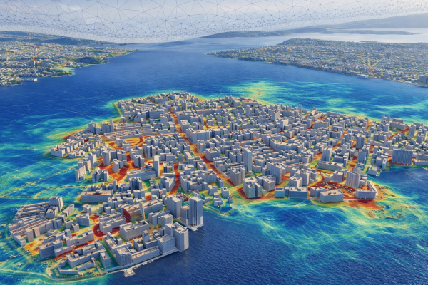 AI generated aerial view of the City of Stockholm simulating withe colours the wind flow between the buildings